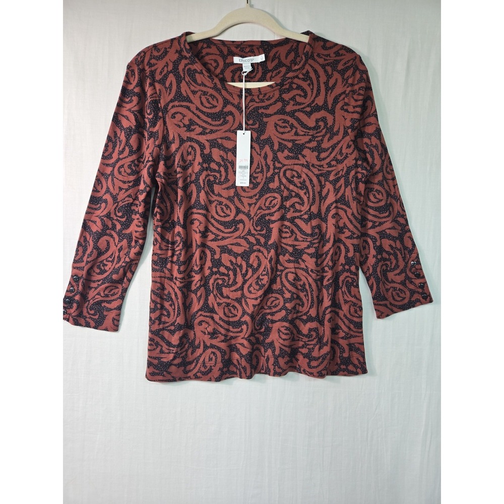 NWT Chico's Women's 1 (M) Top‎ Brown Black 3/4 Sleeves Button Detail Pima Cotton
